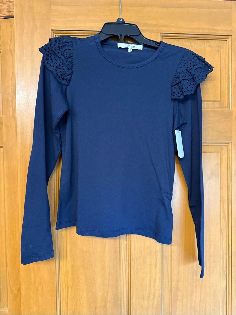 Joe's Jeans Navy Eyelet Ruffle Shoulder Long Sleeve Tee